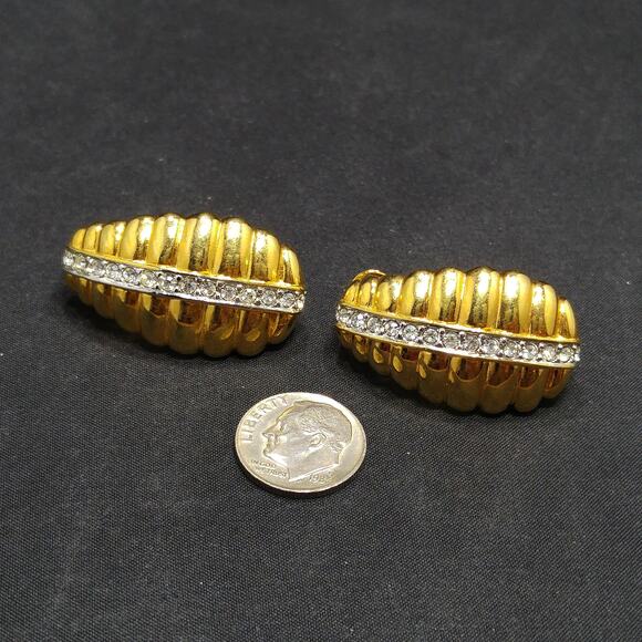 Vintage Nolan Miller Gold Plated Rhinestone Clip-On Earrings, 1980s Dynasty Era - Picture 7 of 10